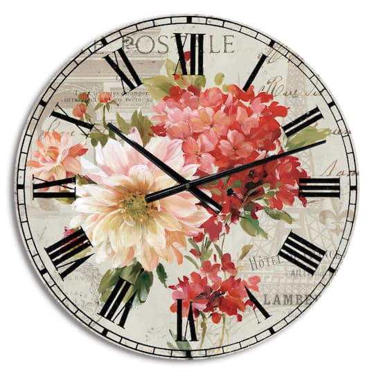 Designart Red Painted Flowers on Vintage Postcard III Farmhouse Wall Clock